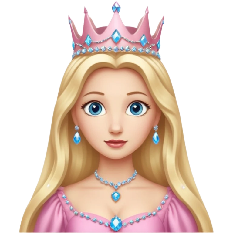 Glinda the Good Witch from The Wizard of Oz with light skin, blue eyes, long blonde hair, pink outfit and crown emoji