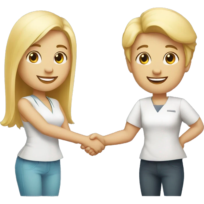 adult restaurant owner with white skin and blogger with white skin and blonde hair shaking hands in full height emoji