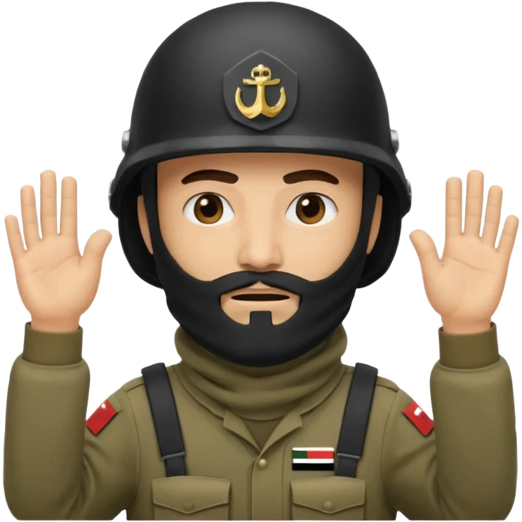 surrenders, depicts an Iraqi soldier from 1980, with a beard, in a helmet, with a balaclava, with a sad face and raised hands emoji