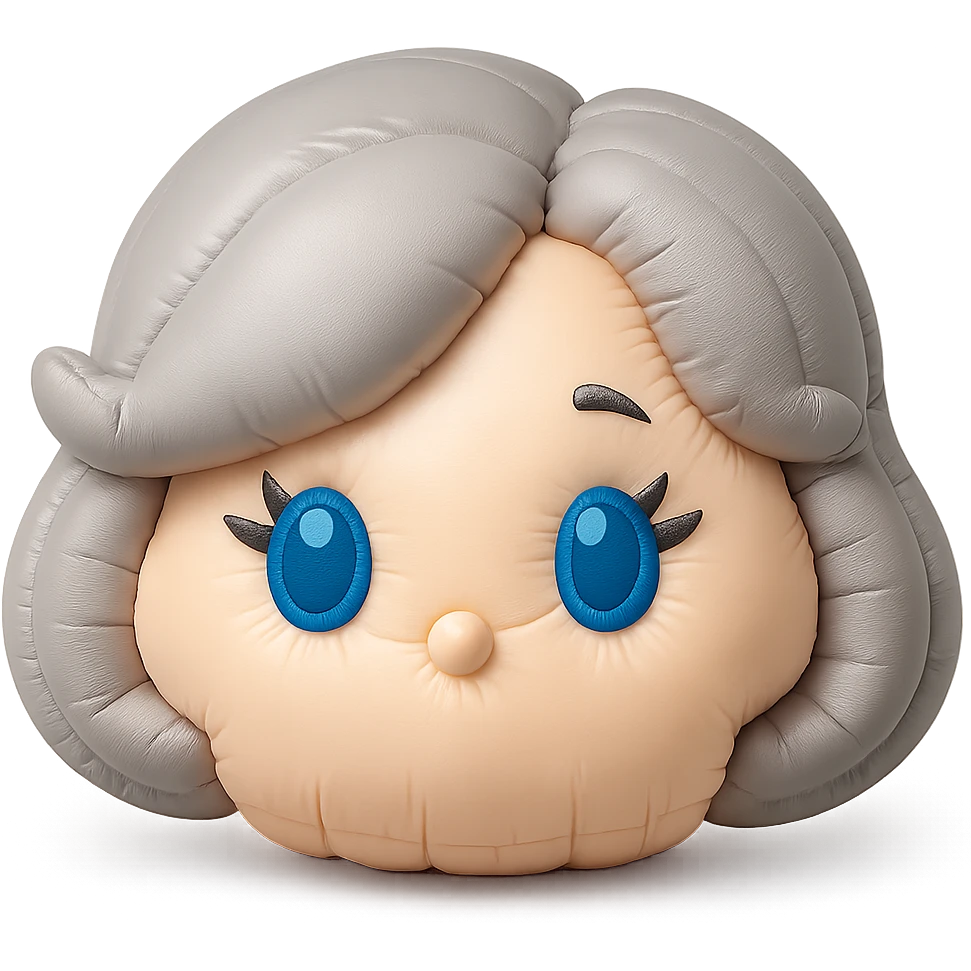Add cute, plush-style eyelashes to the eyes, keep pure silver grey hair, blue eyes, 1940s bob hairstyle, no body, no mouth, no white border, transparent background in cushion style. emoji
