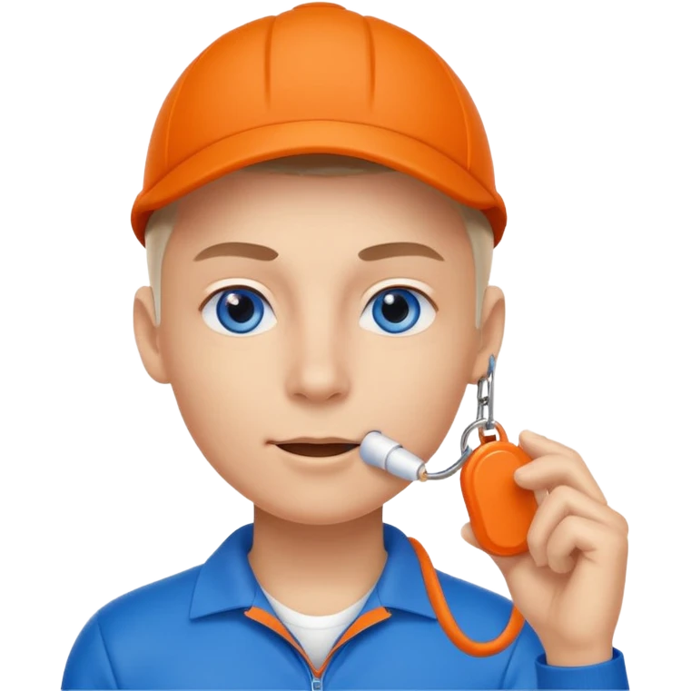 Make a friendly emoji style mascot for Sports Eye. Character will be blue sporty eye with a face, wearing a whistle, symbolizing coach giving guidance. design should be modern, friendly, & energetic, like a sports coach avatar. Primary color #2051E5 small touch of orange. emoji