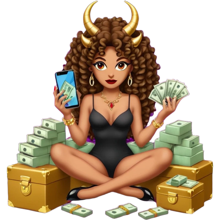 seductress evil brown curly haired sexy drug lord woman with  glitter platform high heels on her feet,  and devil black horns on her head, holding a stack of cash, has a phone in other hand. Sitting on  Cases of drugs. Goddess evil emoji