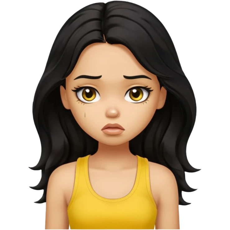a pretty bratz girl with long wavy black hair, wearing a yellow tank top. looking sad emoji