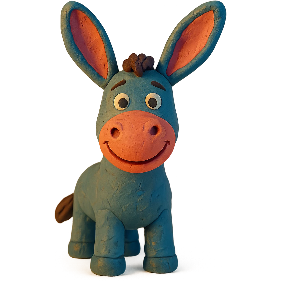 donkey with big ears, smiling, soft lighting, vibrant colors, claymation style emoji