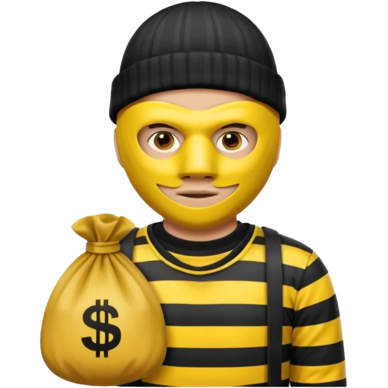 yellow robber wears black eye mask, black beanies and black and white stibes shirt with one brown money bag beside him emoji