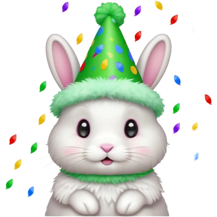 Rabbit in Green Party Hat – white bunny with cone party hat and confetti. emoji