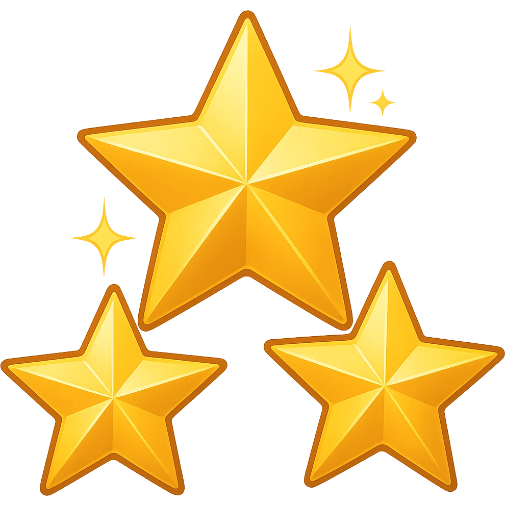 3 golden stars, one big in the center and two smaller on the sides, with a subtle gradient and sparkles (emoji style) emoji