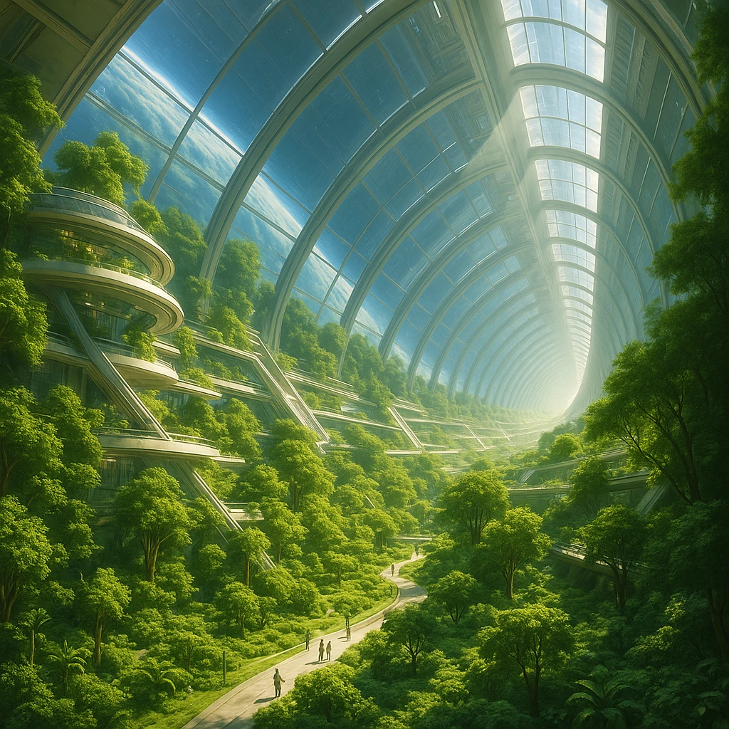 Elysium space station, interior view, lush greenery, futuristic architecture, sunlight streaming in, utopian vibe emoji