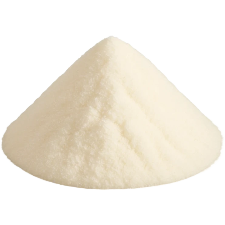 small translucent pile of fine off-white powder with a light fluffy texture, gently mounded or slightly scattered, very fine matte grains resembling starch or gelatin substitute, no spoon bowl or extras, soft lighting, subtle shadows, emoji scale emoji