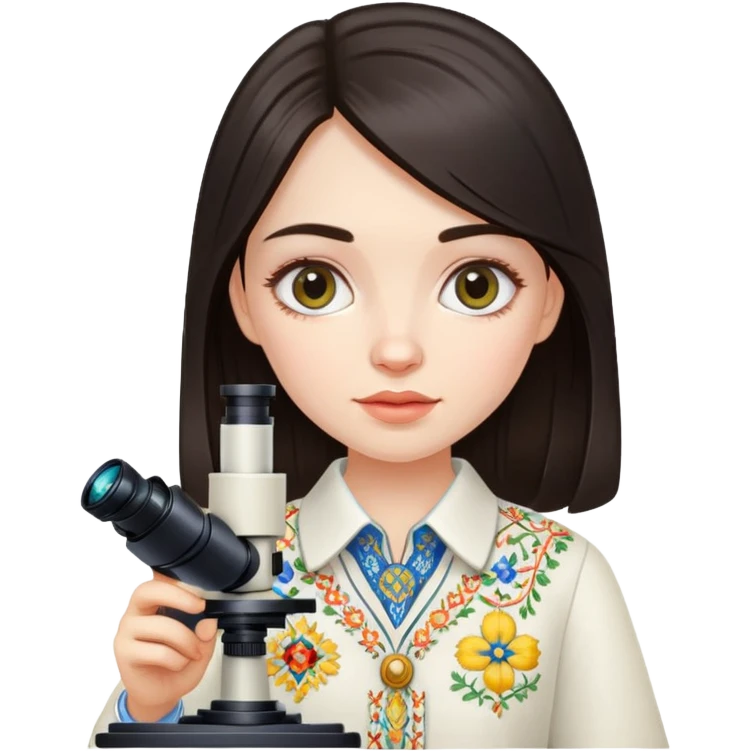 Ukrainian girl with dark hair in traditional embroidered shirt holding a microscope emoji