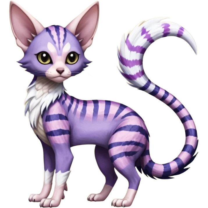 Furry, fluffy tropical flecked painted feathery scaly, Purple, white, black, Minccino-Sphynx-Lykoi-Linoone-Zangoose-fusion-hybrid-animal-Fakémon-creature, full body, thin long sleek scaly tail, intricate markings emoji