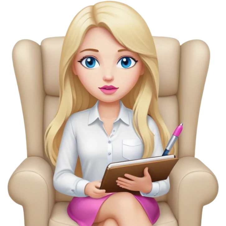 Cinematic realistic blonde with long hair, blue eyes and pink lips, sitting in a beige armchair with a notebook and pen in her handsshirt, sits in a beige armchair with a notebook and pen in her hands emoji