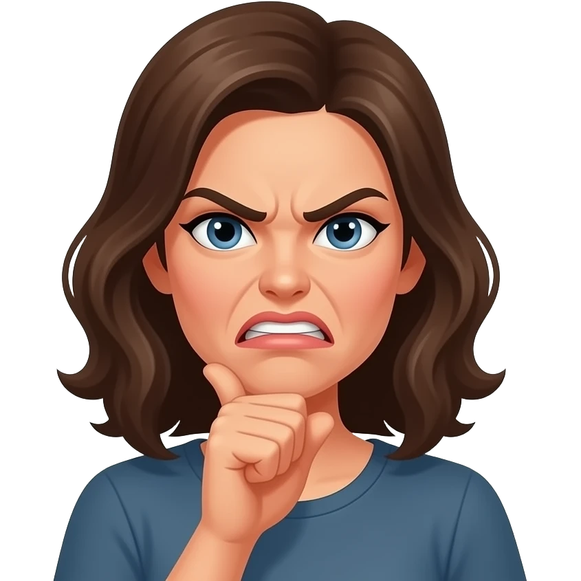Woman with angry face, holding her fist up to, just below, her chin with STFU coming out of a word bubble emoji