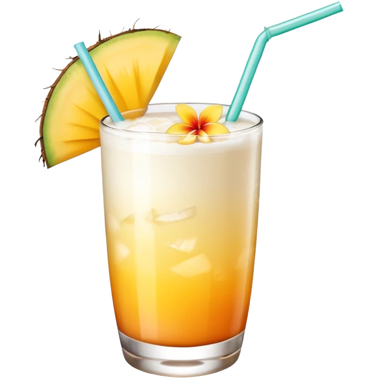 A beautiful cocktail with a creamy white to orange gradient, containing coconut juice and mango, reminiscent of summer. Above, there are tropical flowers, lemon slices, and a straws. emoji
