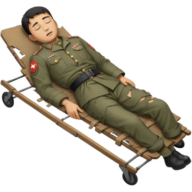 a man of oriental appearance, dressed in torn clothes, full length, with closed eyes, head lying on a stretcher, in a prone position, with injuries on a black military stretcher, 1980 emoji