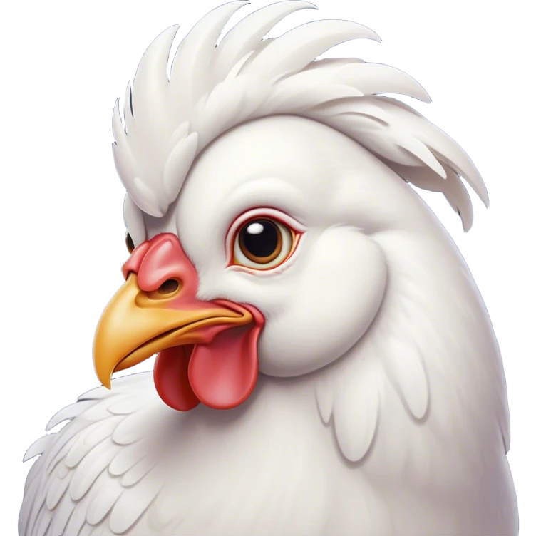 Cinematic Noble White Chicken Portrait Emoji, Poised and regal, with a compact, sturdy build and a pristine, well-groomed pure white plumage, deep-set soulful beady eyes, Simplified yet sharp and sophisticated features, highly detailed, glowing with a soft, dignified glow, high shine, intelligent and alert, stylized with an air of barnyard elegance, focused and attentive, soft glowing outline, capturing the essence of a watchful and confident fowl, so majestic it feels as though it could strut out of the screen with effortless authority! emoji
