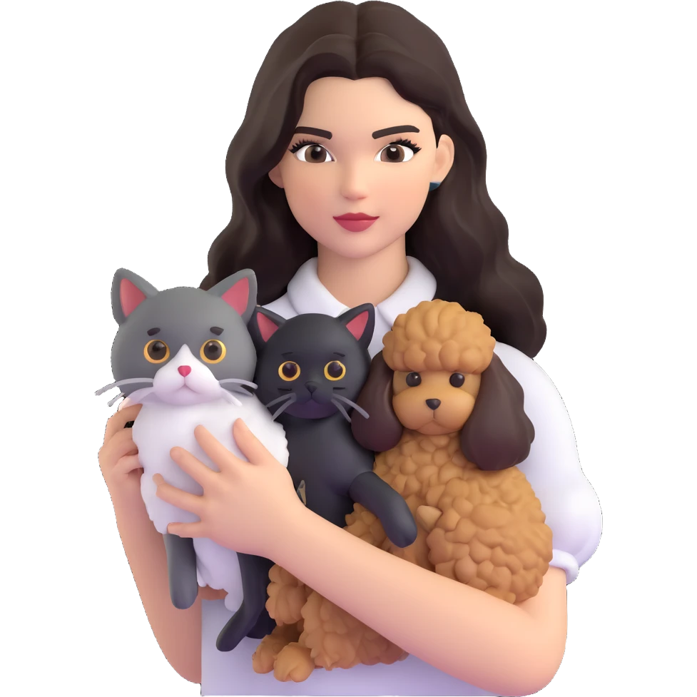 Kendall Jenner with long dark hair, holding a brown poodle and a black and white cat emoji