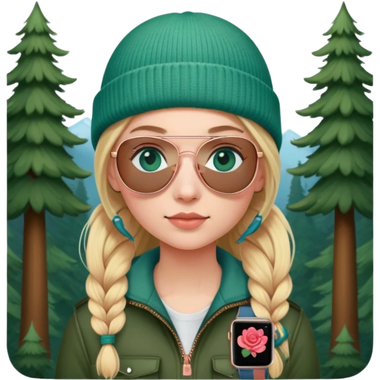 girl with pigtailed blond hair
with blue eyes
and aviator sunglasses
wearing beanie
wearing (rose gold apple watch with forest green band) emoji