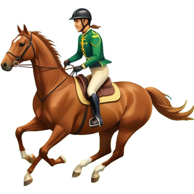 An icon featuring a horse and rider galloping gracefully over a lush green field. The rider is in full gear, guiding the horse with precision. The background shows rolling hills, a clear blue sky, and vibrant sunlight illuminating the scene. Transparent background highlights the elegance emoji