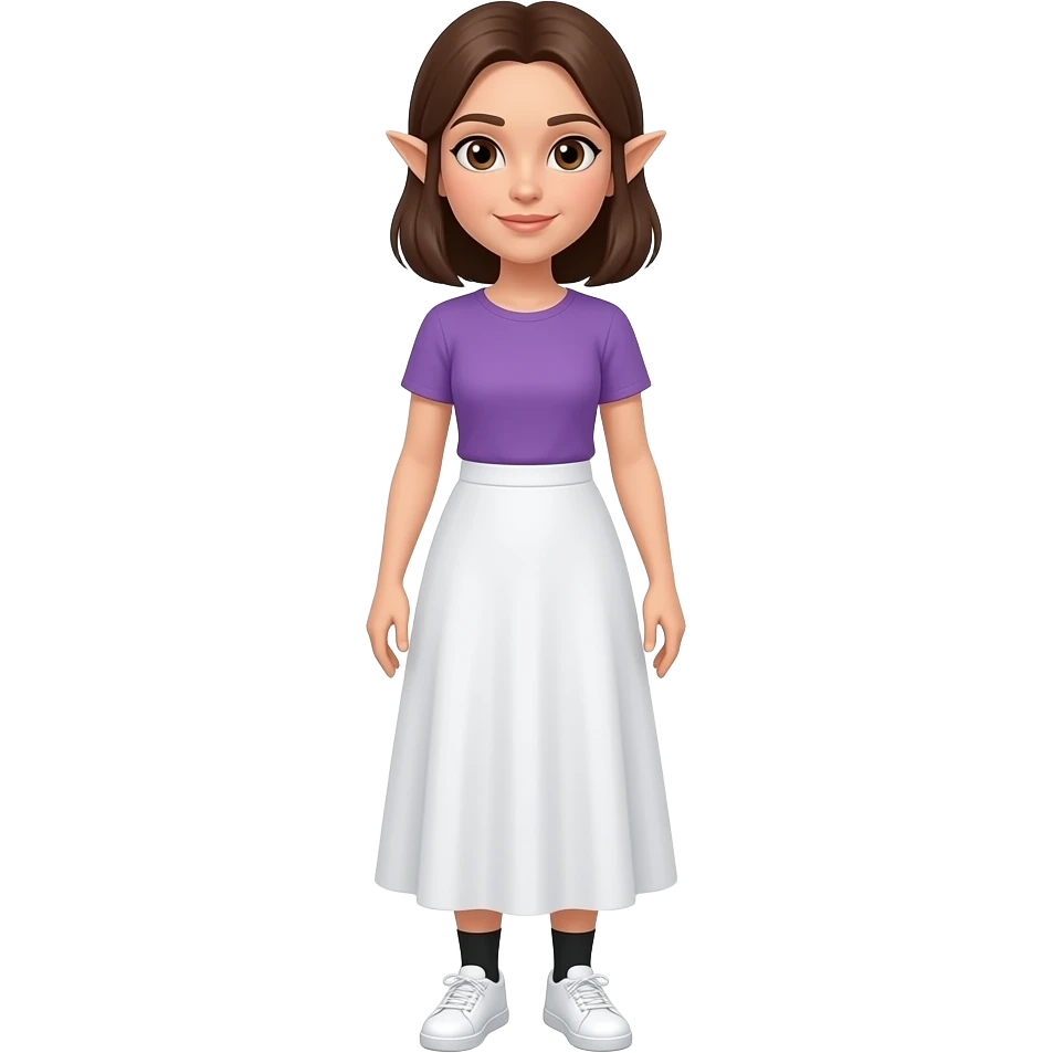 An adult woman with white/fair skin, brown hair, brown eyes and pointy ears and wearing a long white skirt, a purple t-shirt, black socks and white sneakers.. emoji