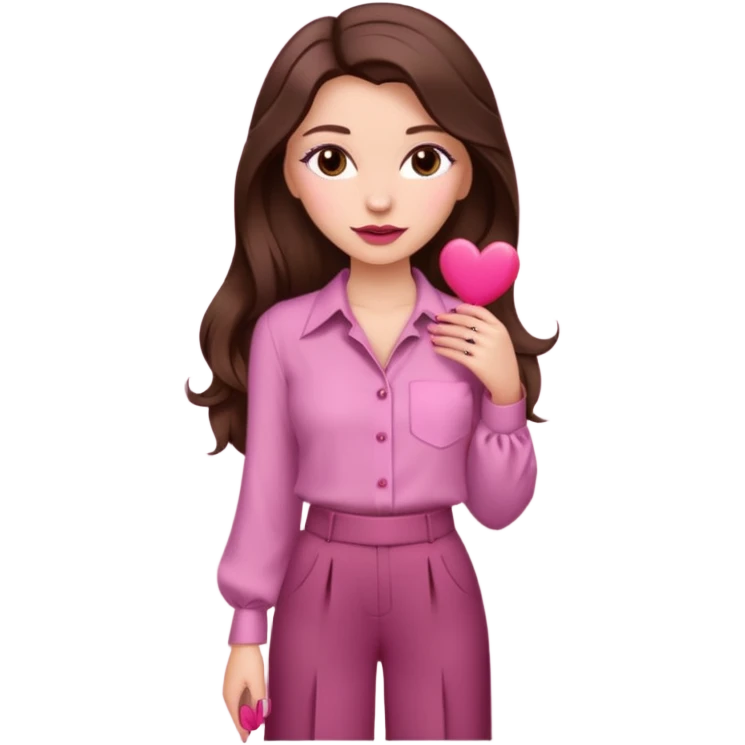  emoji, white person, inspired with brunette hair, brown eyes, long hair, heart shape lips and pink make up  and pink nails, mauve pink blush and brown wide leg pants, burgundy shoulder drop shirt, brown heels , princess hair, brown heels, no floating hearts  emoji