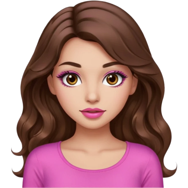 girl with long wavy brown hair, brown eyes, long lashes makeup, sexy pink lips, light to medium complexion, wearing a pink sexy top emoji