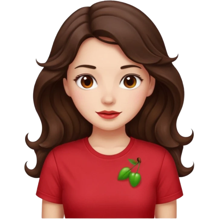 Brunette girl with long wavy hai length hair and blush, wearing cherry red tshirt emoji