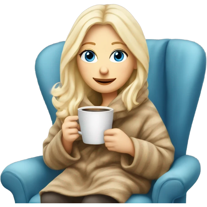 Blonde hair blue eyed white girl covered in blanket winter vibe sitting on a cozy chair holding coffee emoji