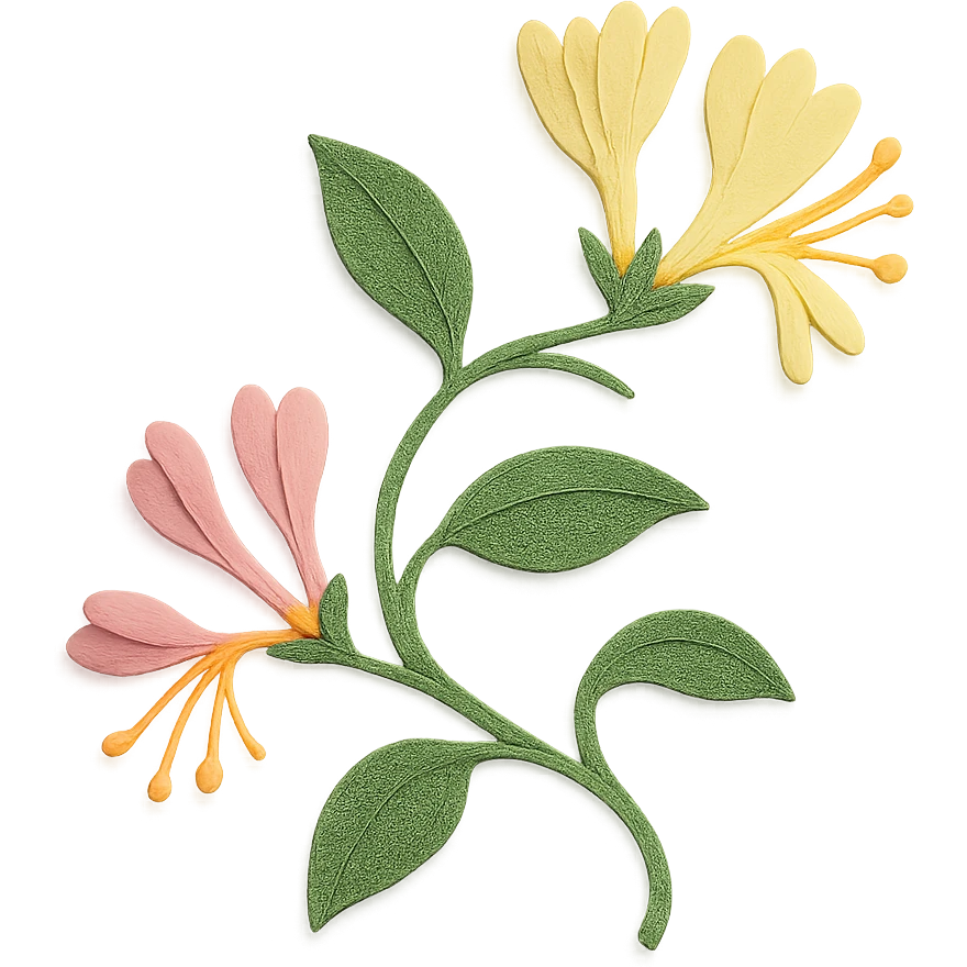 honeysuckle vine, layered paper details, winding green stems, delicate yellow and pink blossoms, naturalistic pose emoji