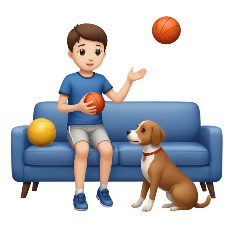 kid and dog playing with ball, living room background emoji