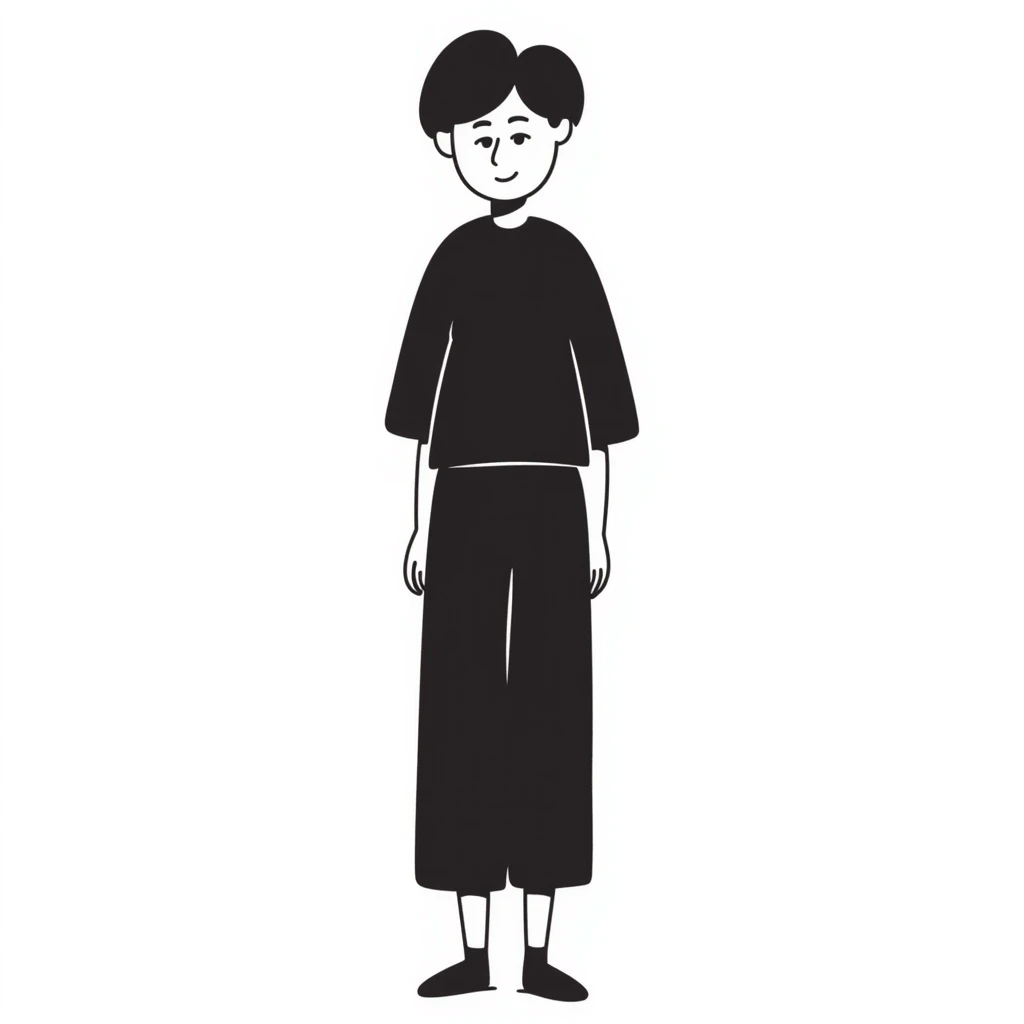 full-body person of Asian descent, short dark brown hair, slender build, hand drawn doodle style emoji