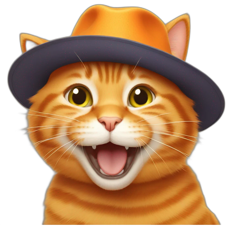 orange cat laughing out loud wearing big hat emoji