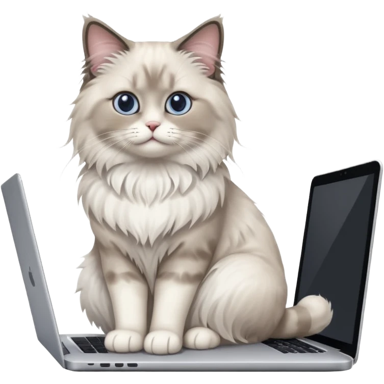 Cute ragdoll cat on a laptop. Should sit on top of the laptop, cat is way bigger than the laptop. Could walk on the laptop or sit emoji
