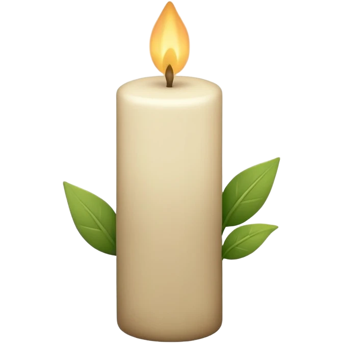 Minimal emoji-style illustration of a candle with a tiny green leaf accent, earthy neutral colors, soft rounded shapes, clean aesthetic look. emoji