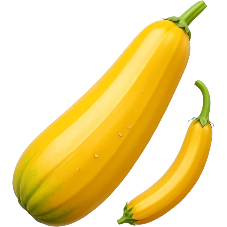 whole yellow zucchini with smooth glossy skin, gently tapered shape, fresh green stem, vibrant golden-yellow color with subtle striping or mottling, firm texture, soft reflections, fresh look, no slice or garnish, apple emoji style, soft lighting, subtle shadows, transparent background, emoji scale emoji