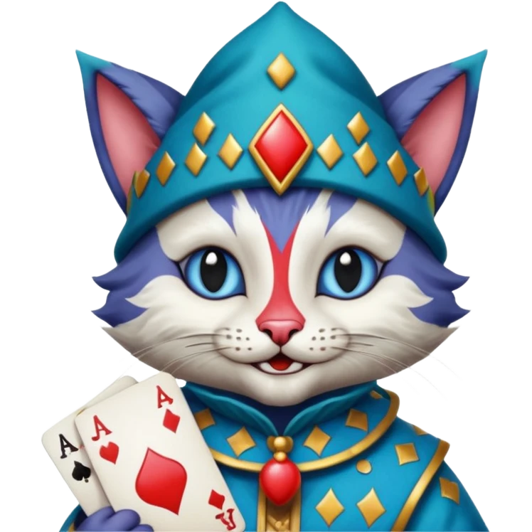crazy colorful cute little cat jolly joker from poker, medieval, vintage, court jester, mac os icon, blue color, holds a poker card emoji