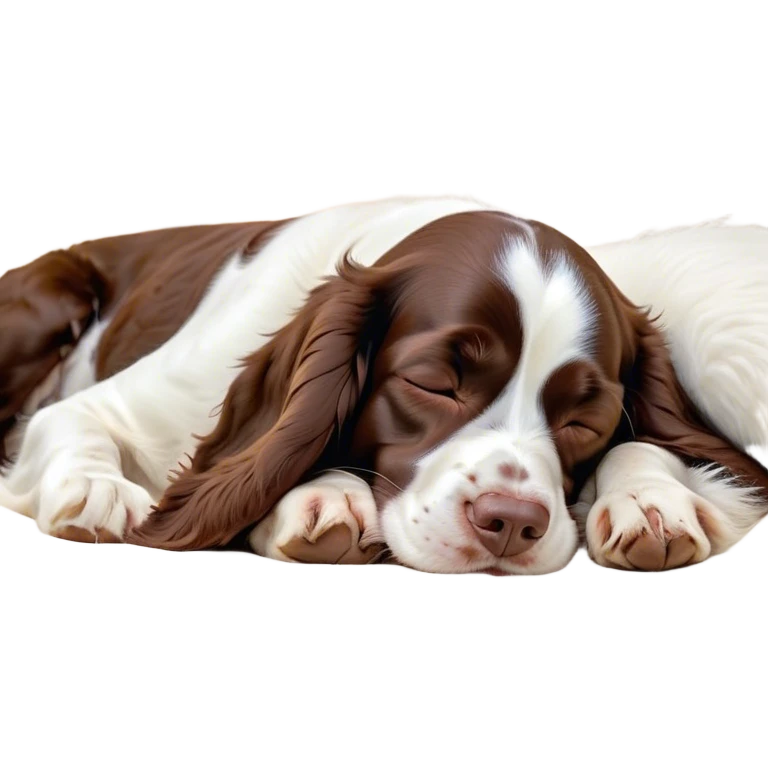 Meme-Worthy Cute Sleeping Springer Spaniel Portrait Emoji, Head resting peacefully with a contented smile, showcasing a delightfully agile build and a luxuriously soft liver and white Fur, eyes shut in a serene nap, Simplified yet hilariously adorable features, highly detailed, glowing with a soft, drowsy light, high shine, relaxed and utterly lovable, stylized with an air of playful laziness, bright and heartwarming, soft glowing outline, capturing the essence of a comically sleepy companion, so meme-worthy it feels like it could instantly become the next viral sensation of adorable slumber! emoji