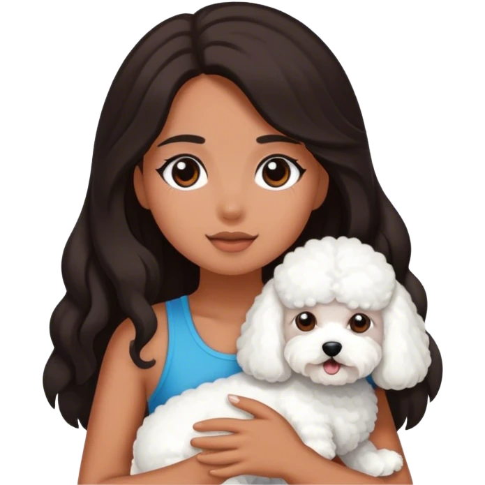 A tanned girl with dark, long hair and a bichon emoji