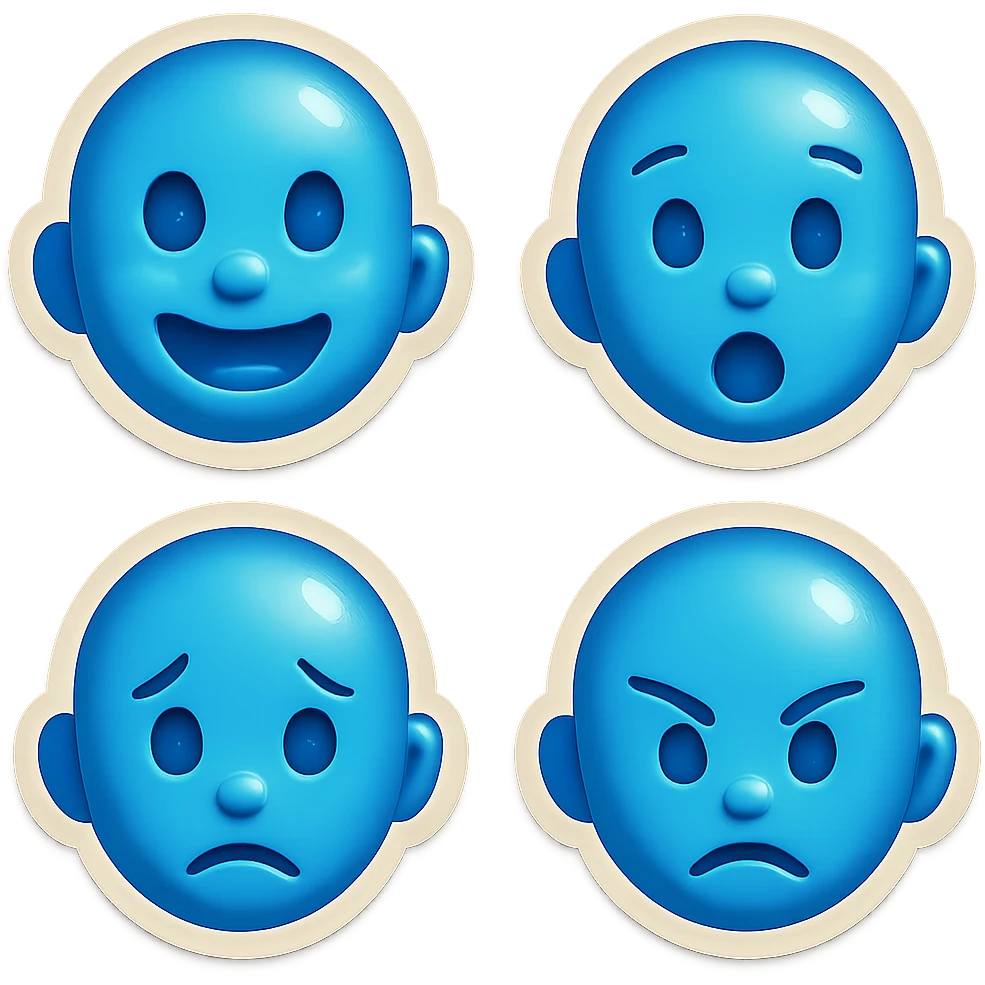 Create four similar variants of this emoji image, maintaining the emoji style and blue color, but with different facial expressions. emoji