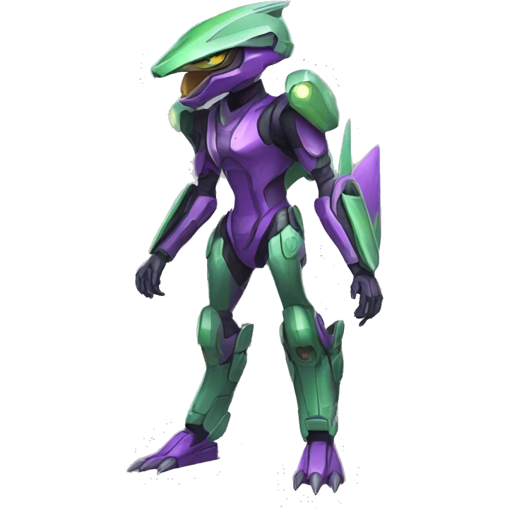 a purple-green Genesect-Raptor-Fakémon—hybrid with a futuristic visor-helmet full body emoji