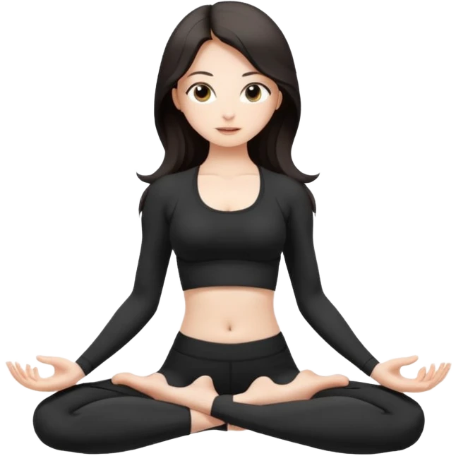 Девушка белокожая, с длинными темными волосами, в черной одежде для йоги, стоит в позе лотоса, в стиле бимбо пилатес, правильные пропорции, только человек emoji
