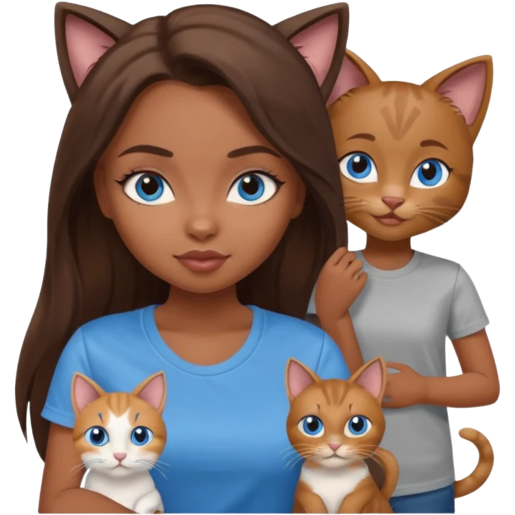 a pretty bratz dusky girl with long brown hair, blue eyes with six cats nd wearing a grey tshirt emoji