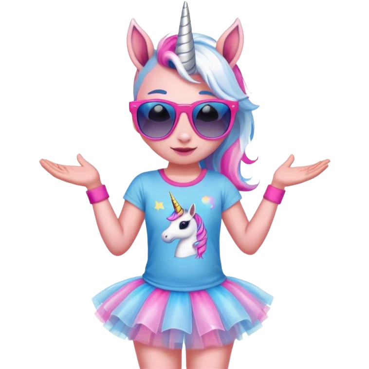 head and shoulders portrait of a friendly anthropomorphised female unicorn in tutu and pink t-shirt, wearing dark sunglasses, blue and silver color scheme emoji