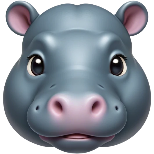 Cinematic Cute Hippo Portrait Emoji, Head tilted playfully and inquisitively, featuring a glossy slate-gray hide with a gentle sheen and round, sparkling eyes filled with curious charm, Simplified yet irresistibly adorable features, highly detailed, glowing with a warm, friendly glow, high shine, affectionate and serene, stylized with a touch of aquatic whimsy, bright and endearing, soft glowing outline, capturing the essence of a mischievous yet loving hippo, so playful it feels like it could splash out of the screen and into your arms! emoji