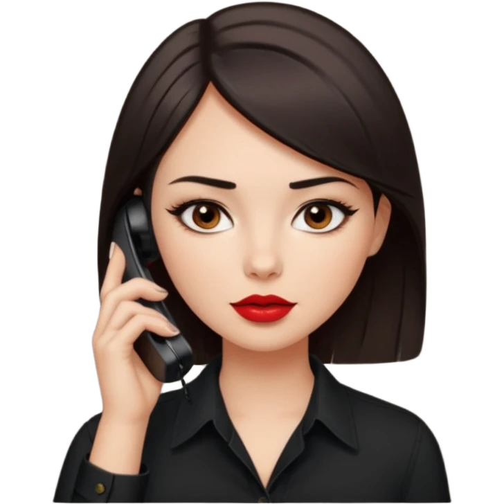 generate a pretty fair bratz girl with dark brown eyes. Dark brown hair straight short hair. tight black button up shirt with top shirt open.  Talking on the phone. Red lipstick, eyeliner on emoji