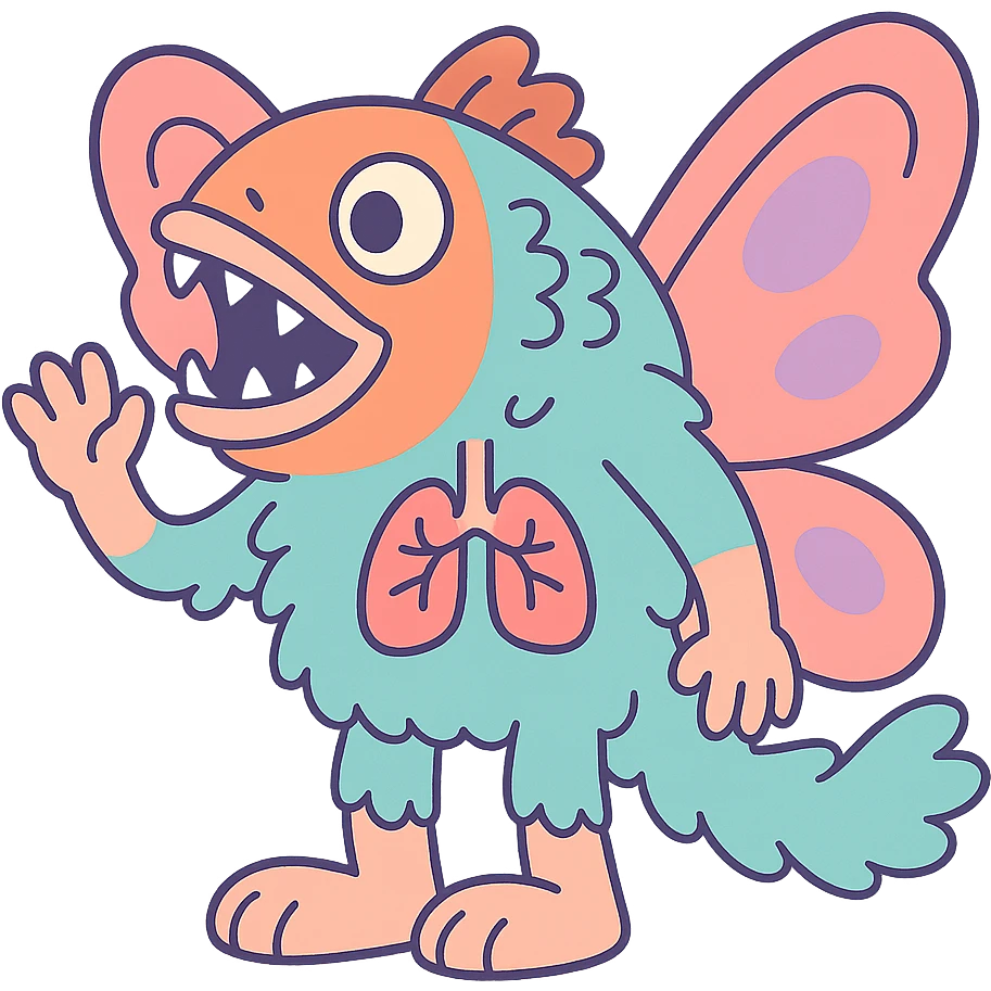 piranha with butterfly wings, rabbit feet, fluffy fur, human-like arms, visible lungs, pastel colors emoji