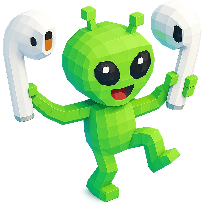 white EarPods headphones floating in space, with a cartoonish alien dancing while holding them emoji