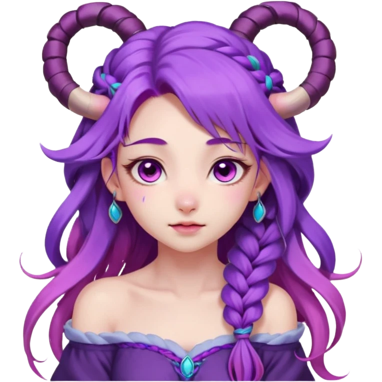 1 girl, long flowing purple hair with braided strands, vibrant and soft color palette, inspired by spirit blossom theme, long hair, loose wave straight haircut, sheep horns, pink eyes, young, skinny, japanese themed,  blossom, league of legends character, shy expression, blush, (off shoulder) emoji