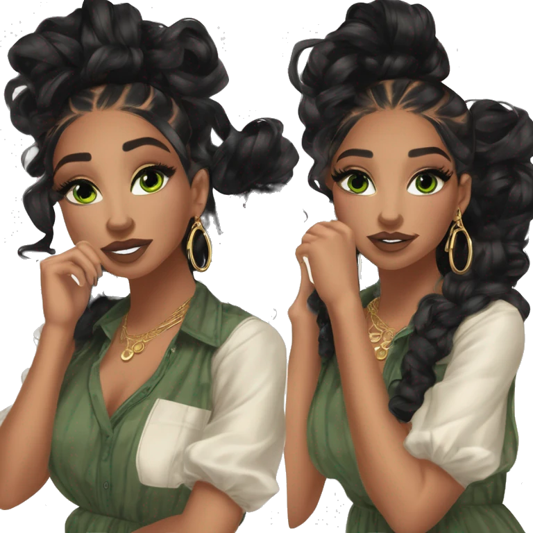 Glamorous, streetwear or cocktail dress, black balayage hair, half up half down hair, olive skin, green almond eyes, winged eyeliner with big lashes, wearing hooped earrings, rings and bracelets  emoji