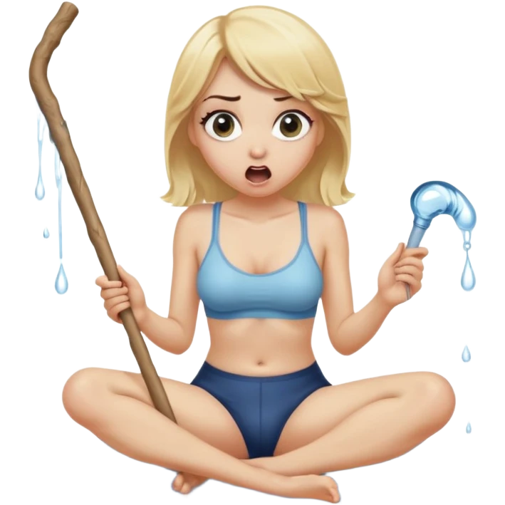 blond woman sitting on her knees with wide eyes, next to her pants are hanging, she's holding a wide skin-colored stick with a D-shaped knob, the stick and the nob have skin texture, water squirting from the knob into her mouth, shocked face emoji